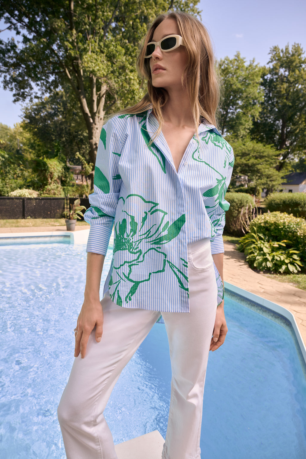 Blusa boxy de algodón con estampado floral a rayas 262951
