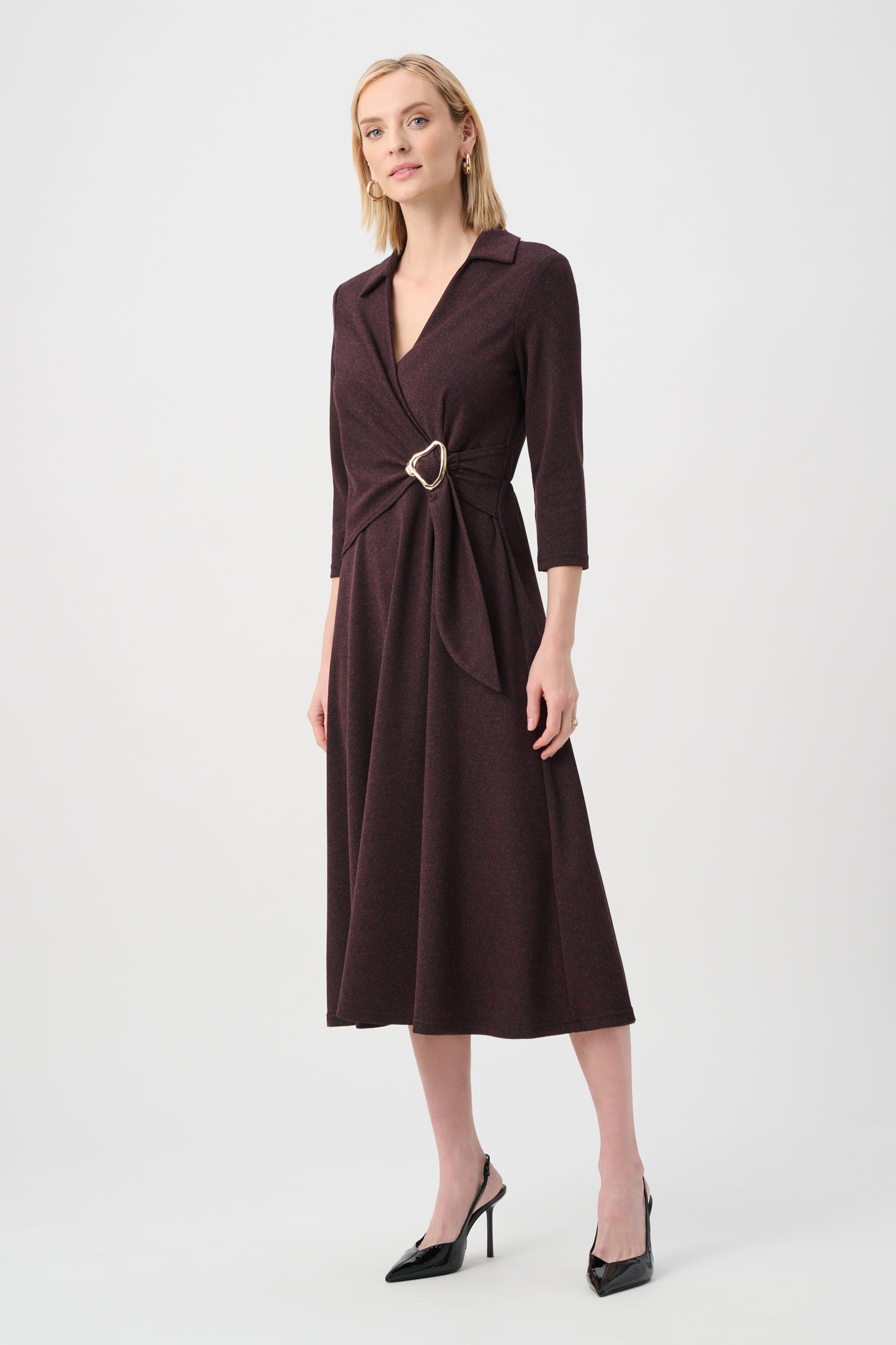 Vestido cruzado ajustado y acampanado de espiga rojo y negro 263061