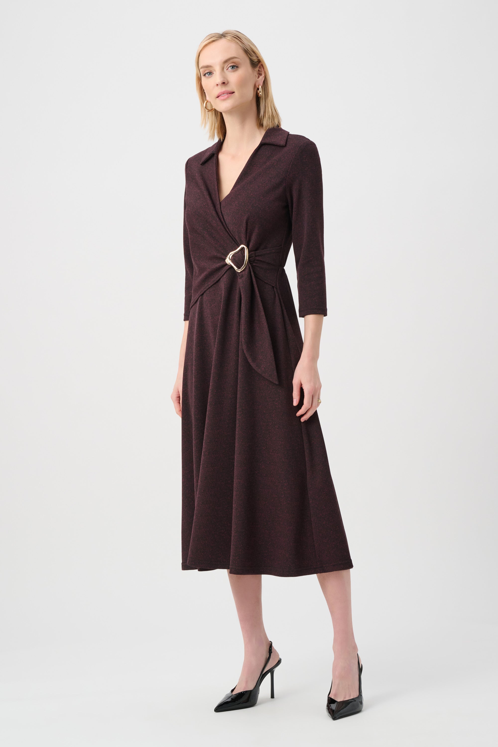 Vestido cruzado ajustado y acampanado de espiga rojo y negro 263061