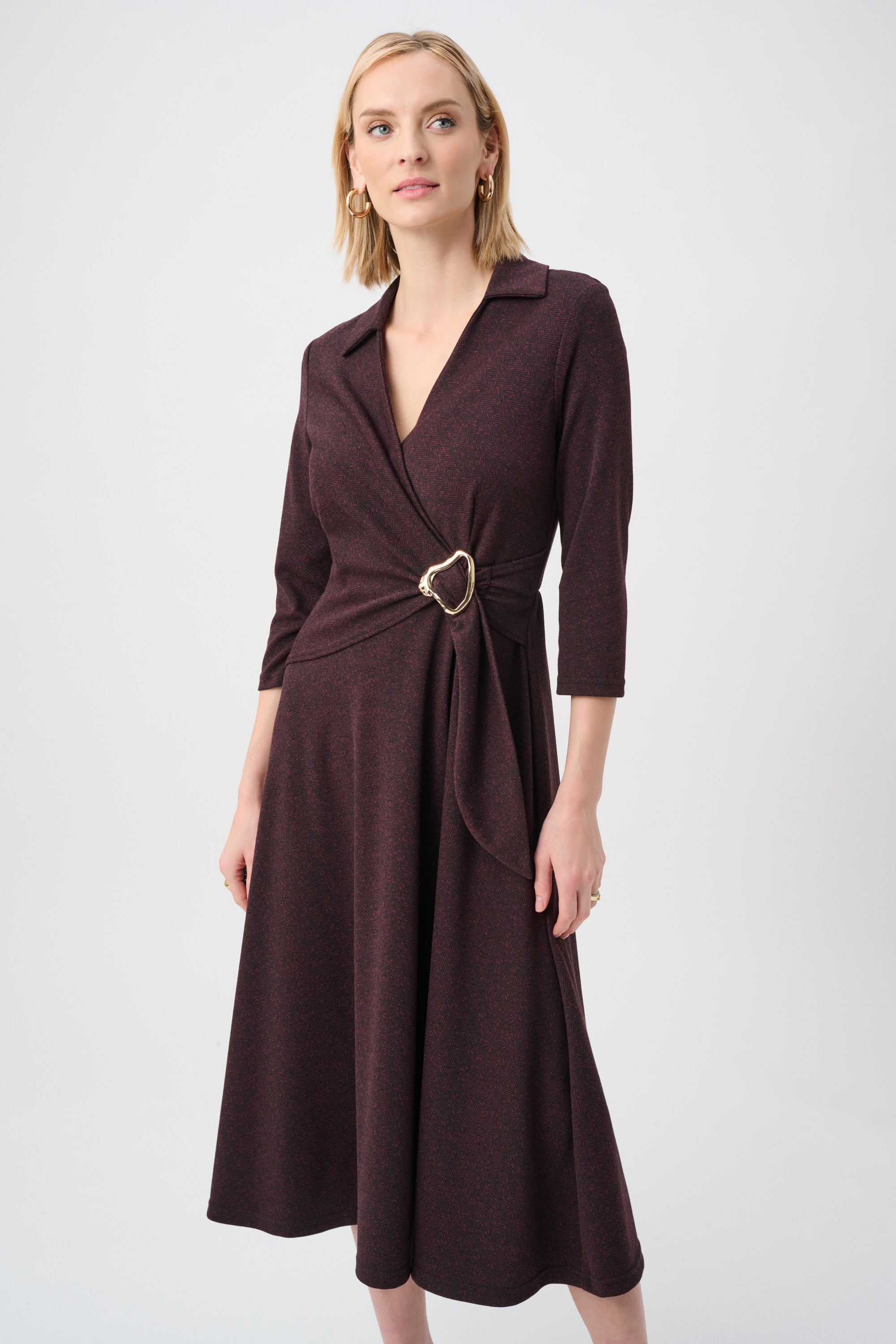 Vestido cruzado ajustado y acampanado de espiga rojo y negro 263061