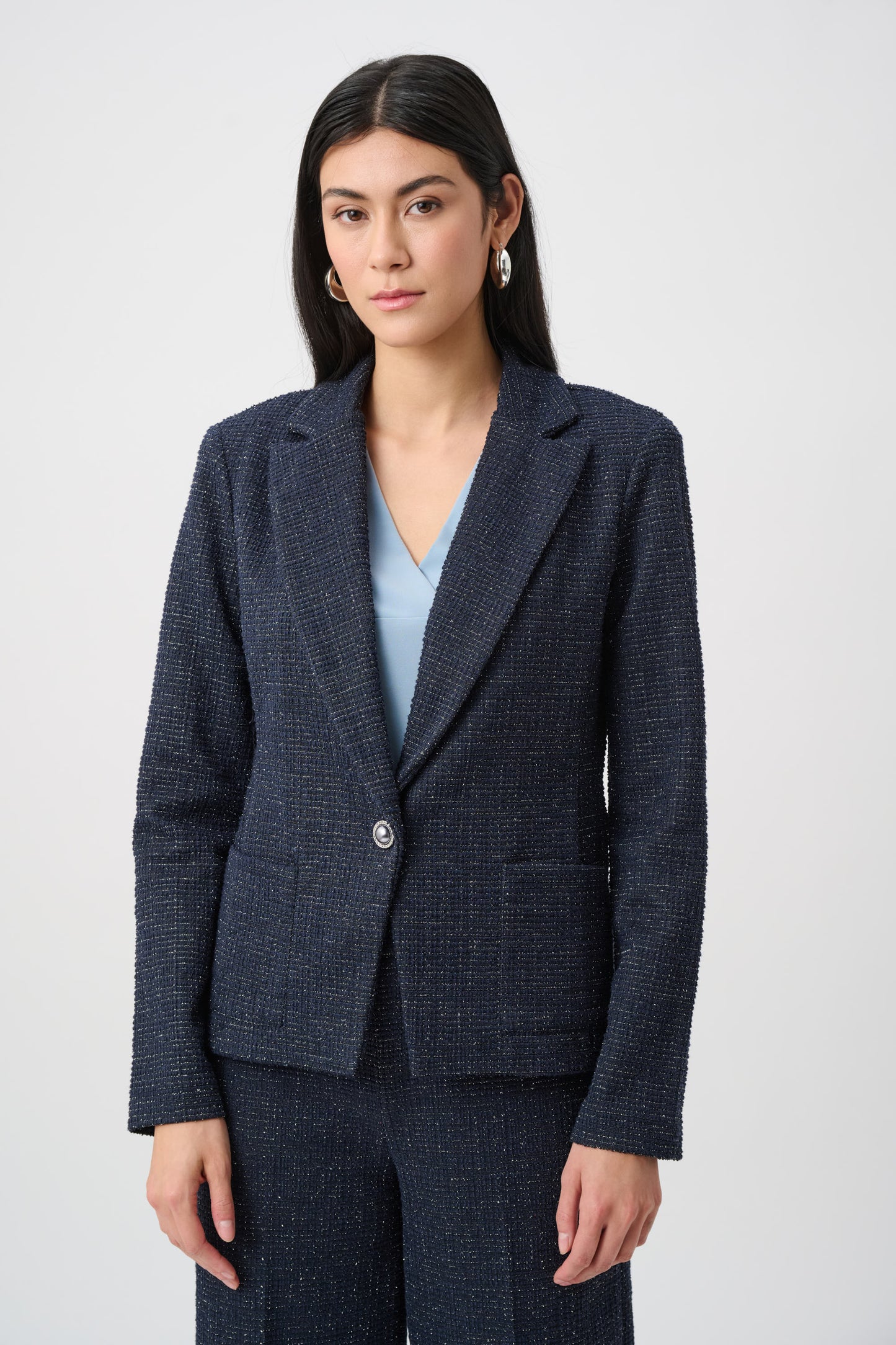 Blazer ajustado de bouclé de lúrex marino y negro 263214