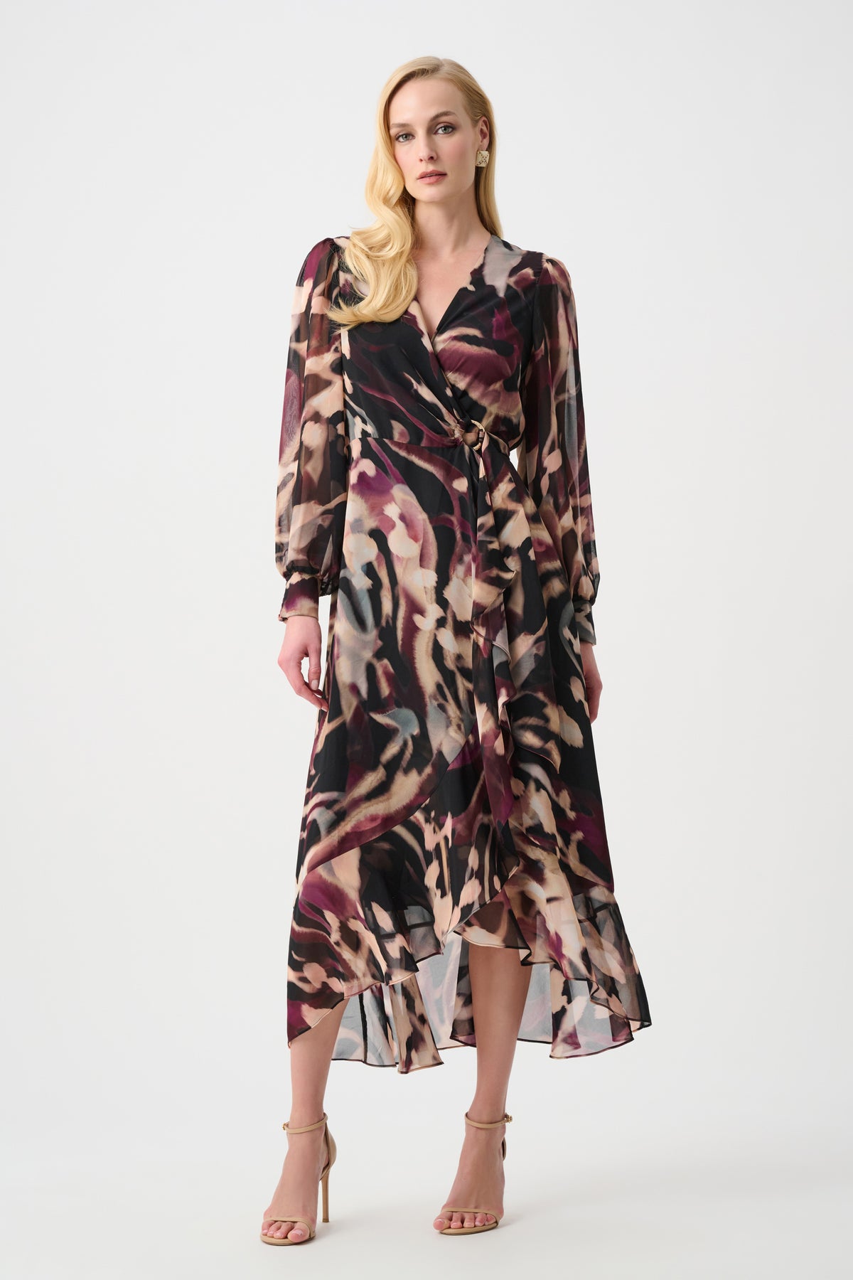 Vestido cruzado de corte ajustado y acampanado negro multicolor 263739