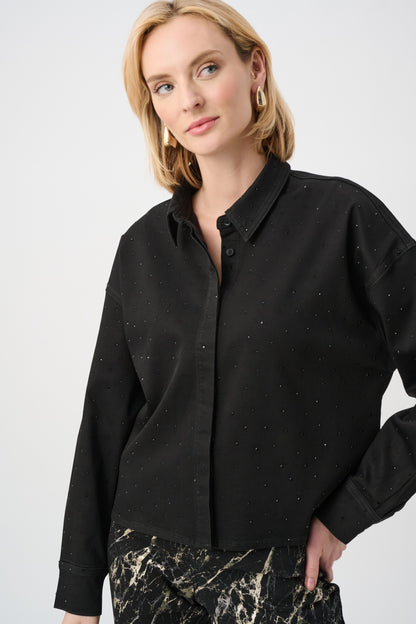 Blusa crop de mezclilla Featherweave con detalle de pedrería negro 263965