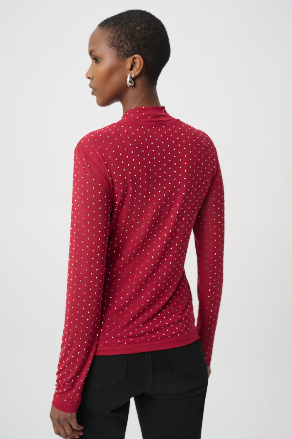 Top de manga larga de malla con pedrería rojo cereza 264916