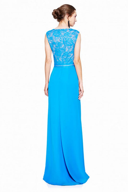 Vestido de crepe turquesa con escote de encaje ALG17210L