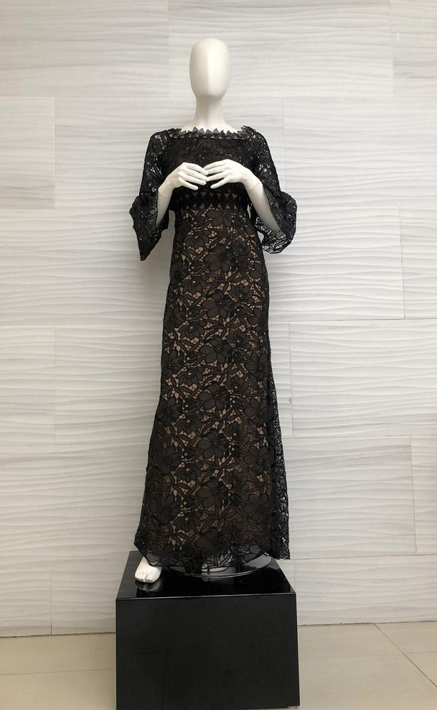 Vestido negro de encaje floral y fondo nude AXS17132L DIBRA