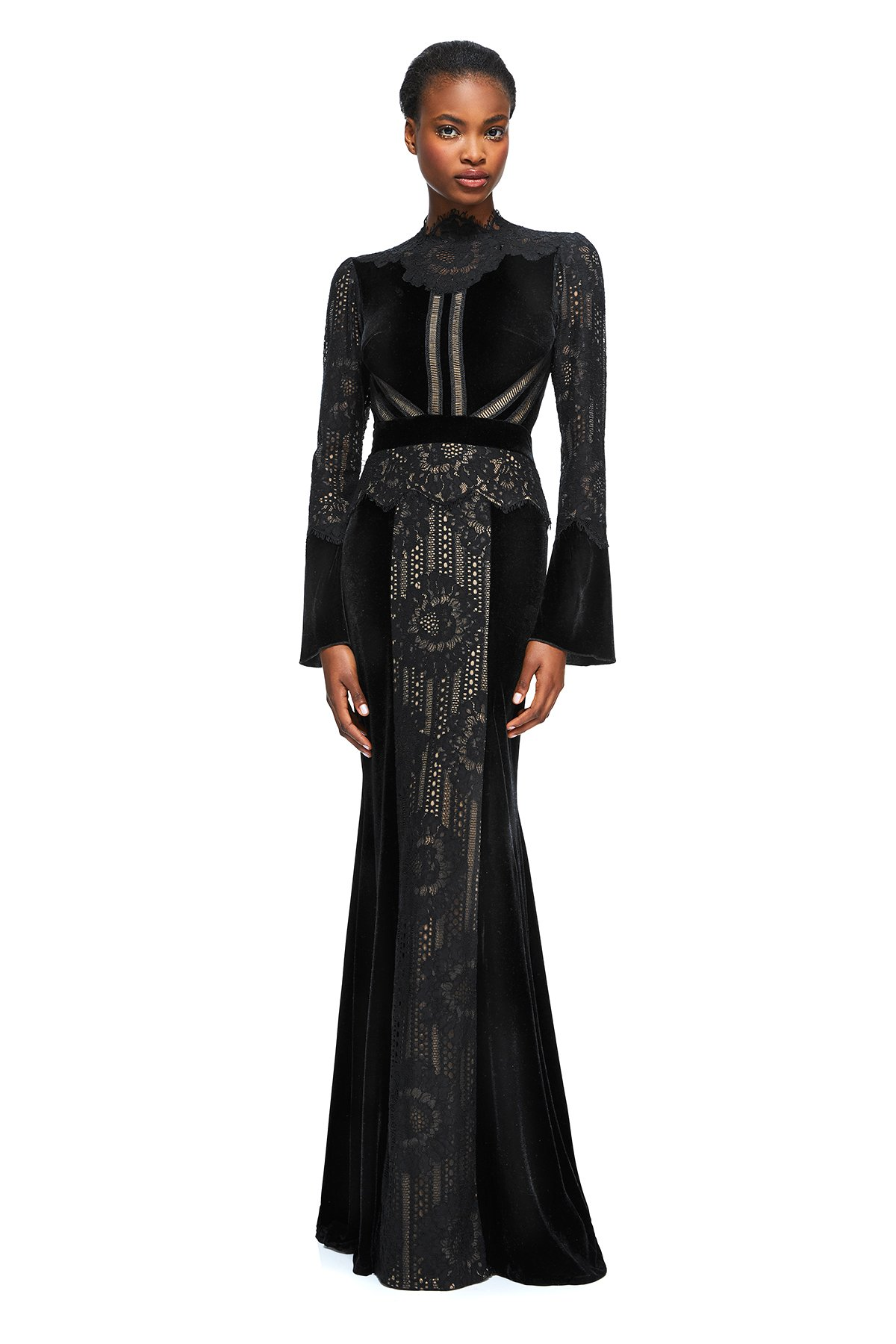Vestido negro de terciopelo y inserciones de encaje AZE17673L DIBRA