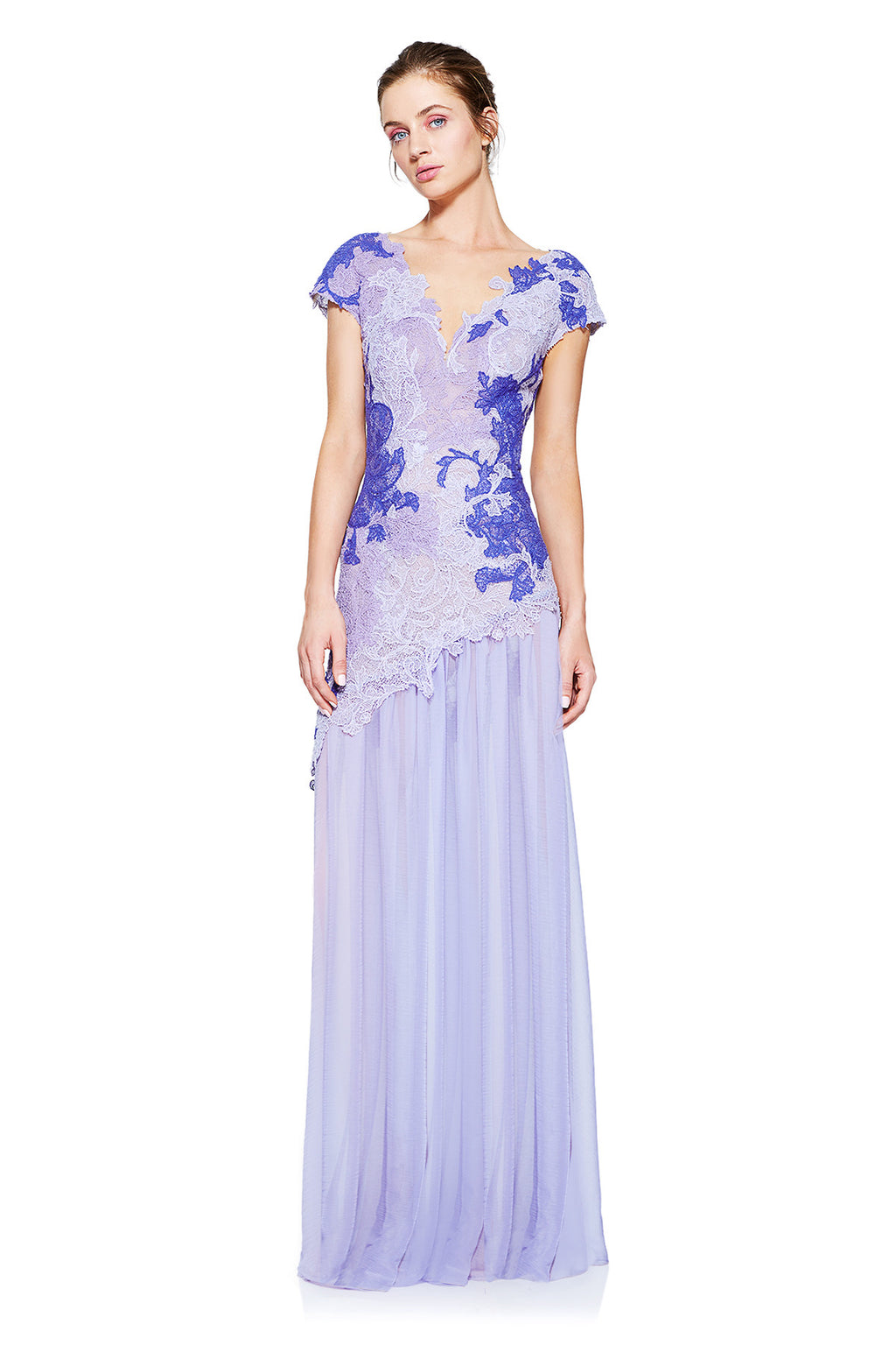 Vestido lavanda y lila de encaje y falda de gasa 17032 Tadashi Shoji