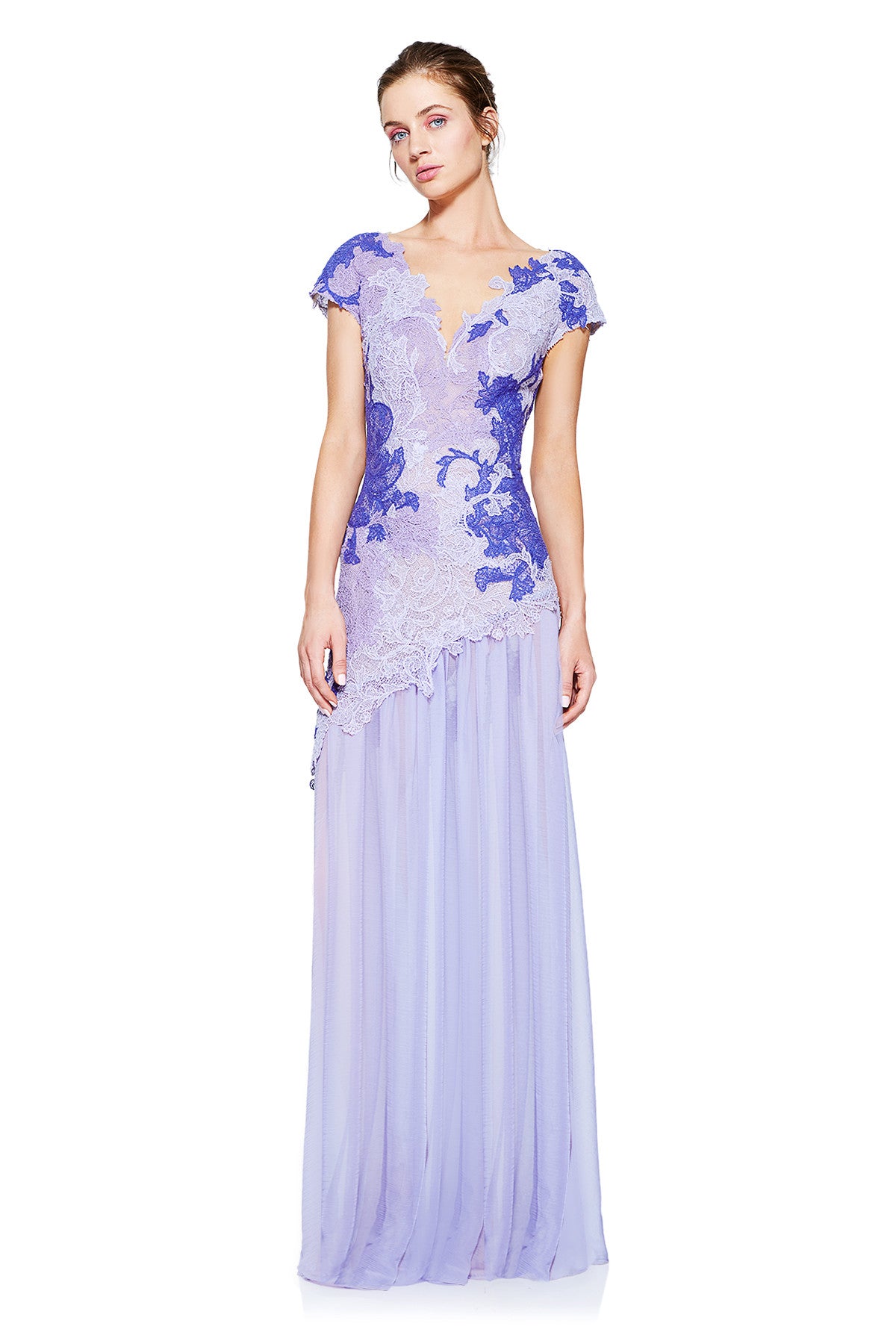 Vestido lavanda y lila de encaje y falda de gasa 17032 Tadashi Shoji