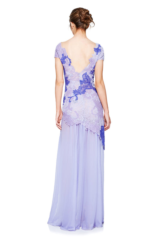 Vestido lavanda y lila de encaje y falda de gasa 17032 Tadashi Shoji