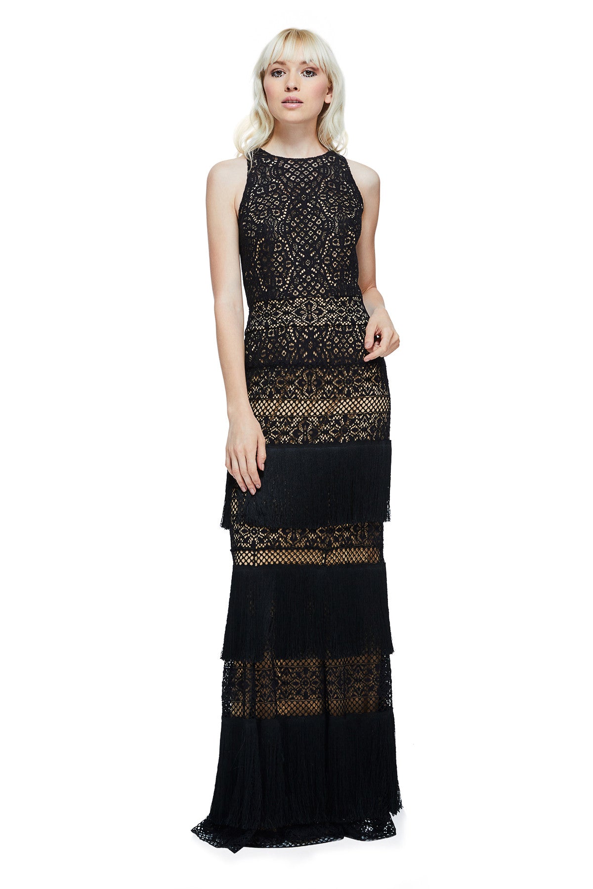 Vestido encaje negro y nude con flecos 17428  Tadashi Shoji
