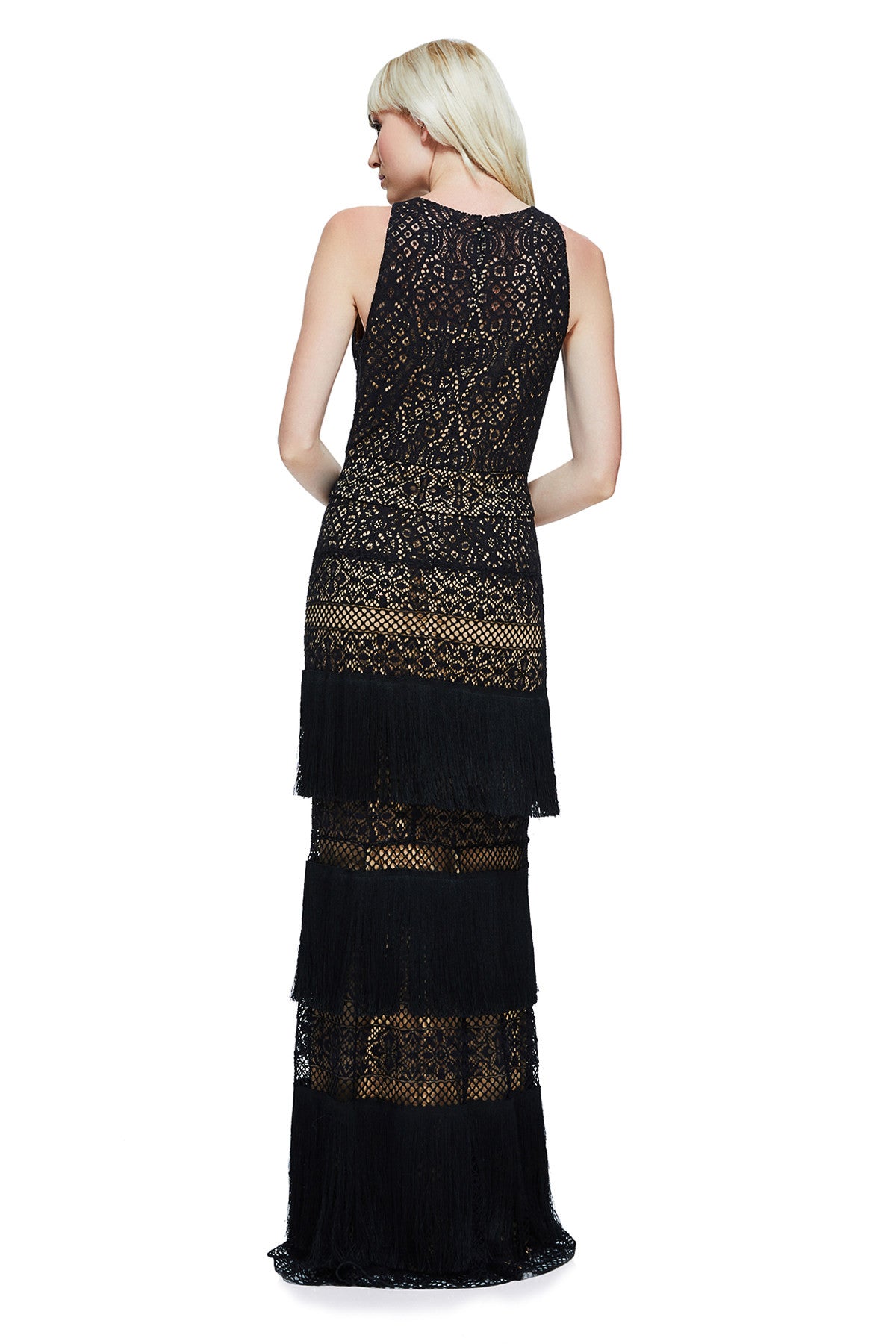 Vestido encaje negro y nude con flecos 17428  Tadashi Shoji