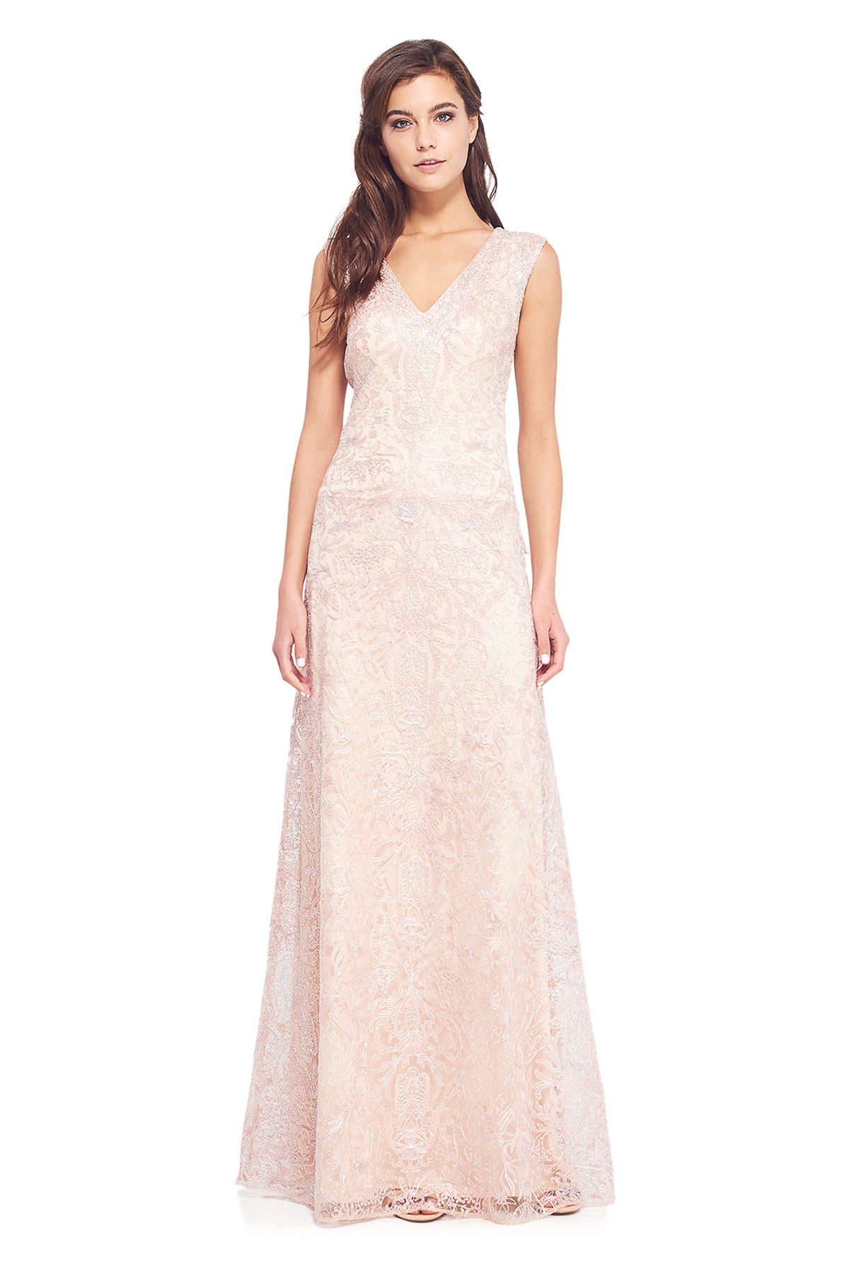 Vestido petal de malla bordada metalica 17228L Tadashi Shoji