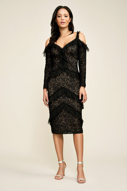 Vestido negro fondo nude con encaje y olanes con manga 17530 Tadashi Shoji