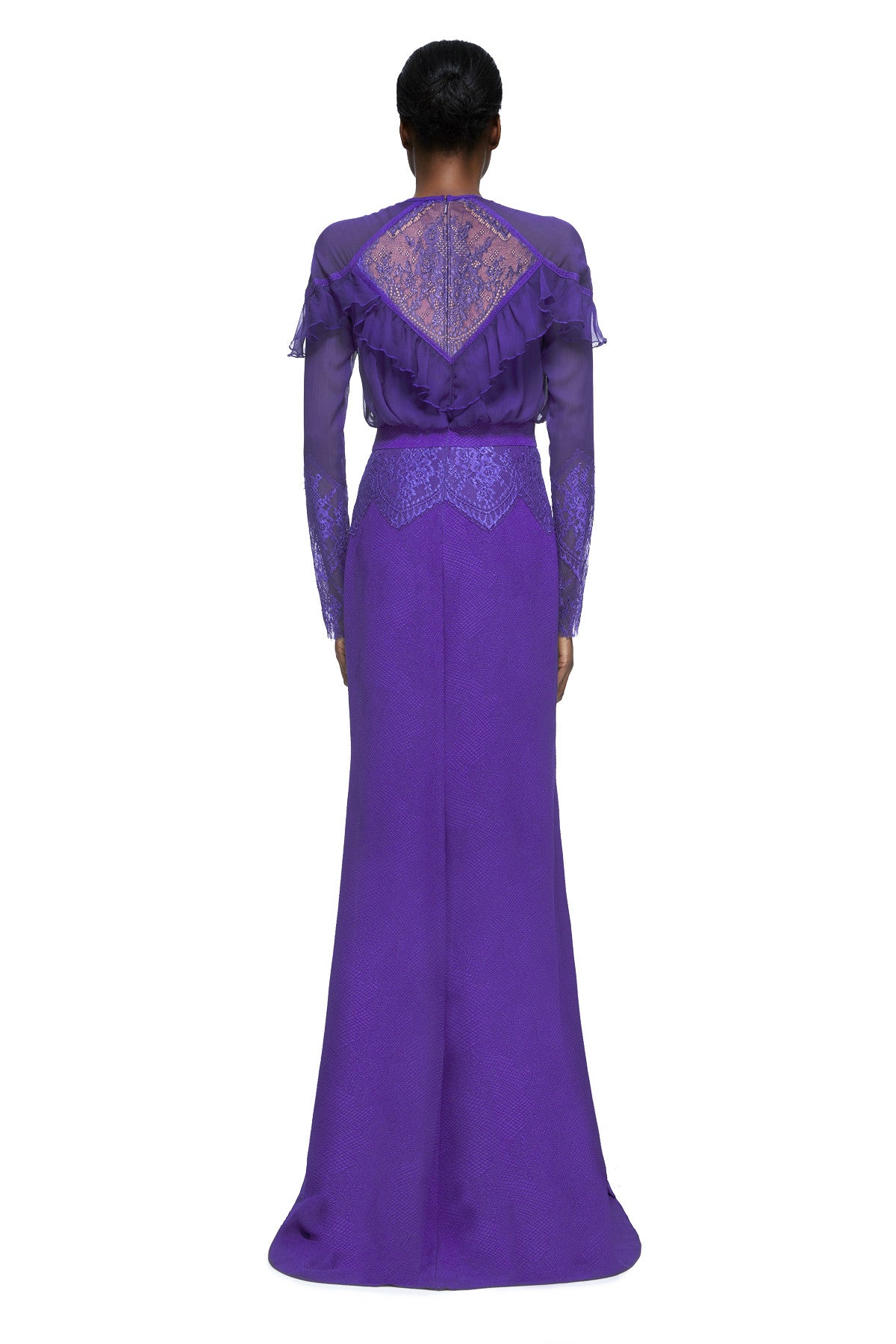 Vestido manga larga de gasa y encaje violeta 17687 Tadashi Shoji