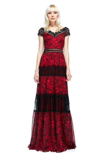 Vestido estampado rosas rojas con encaje negro 17607 Tadashi Shoji