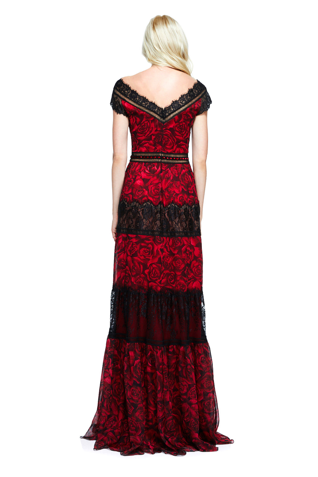 Vestido estampado rosas rojas con encaje negro 17607 Tadashi Shoji