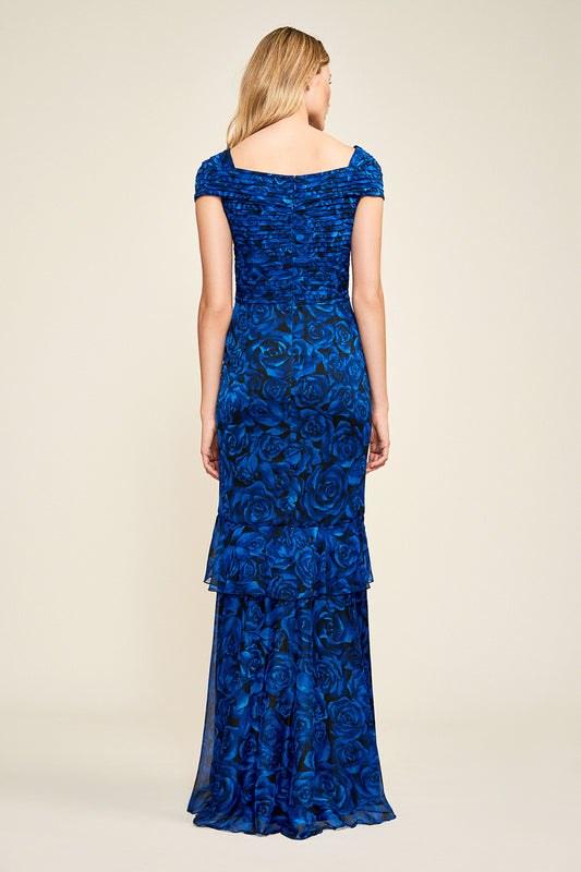Vestido estampado de flores azules con encaje negro 17607 Tadashi Shoji