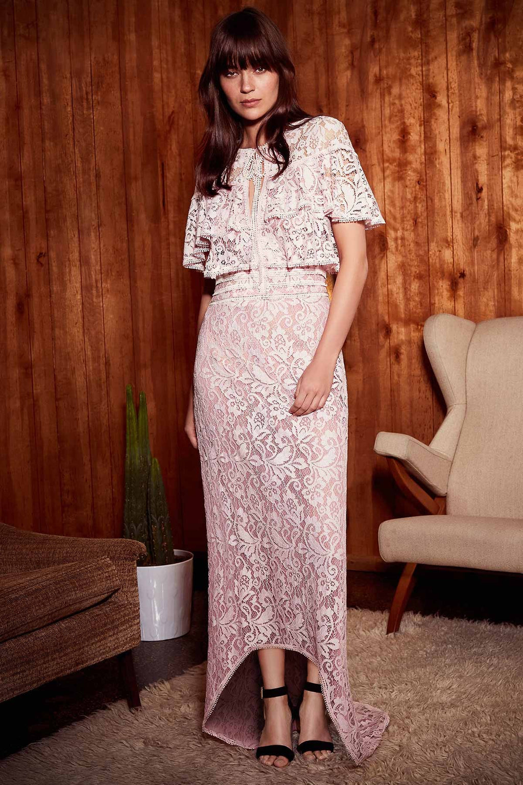 Vestido rosa claro guipur 18216  Tadashi Shoji