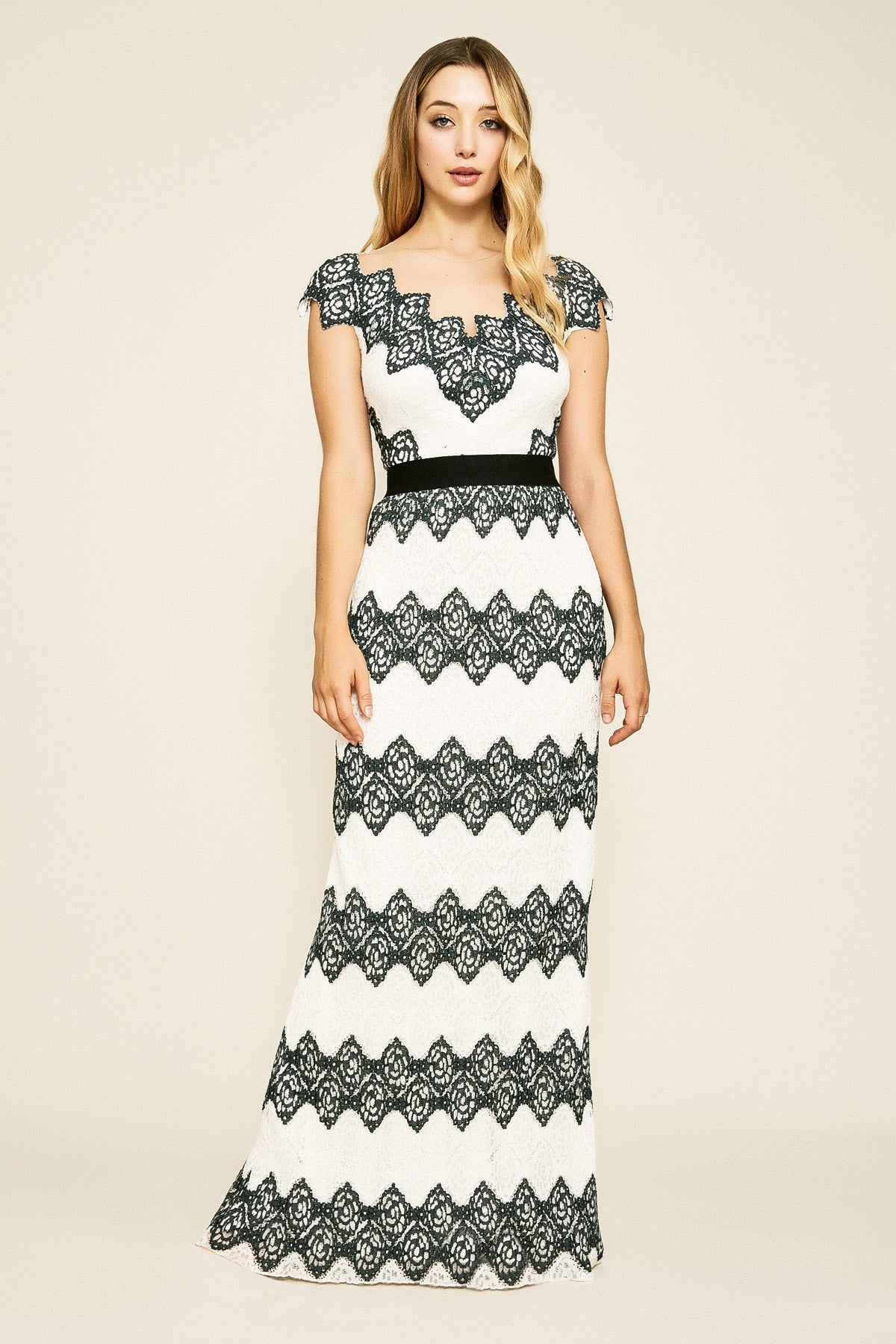 Vestido rayas y encaje blanco y negro BIF19415L Tadashi Shoji