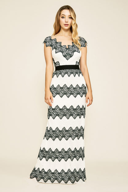 Vestido rayas y encaje blanco y negro BIF19415L Tadashi Shoji