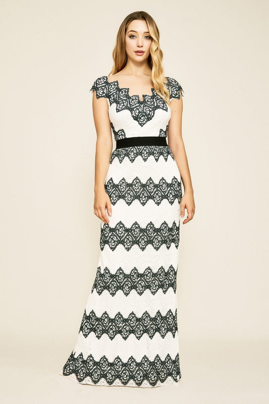 Vestido rayas y encaje blanco y negro BIF19415L Tadashi Shoji